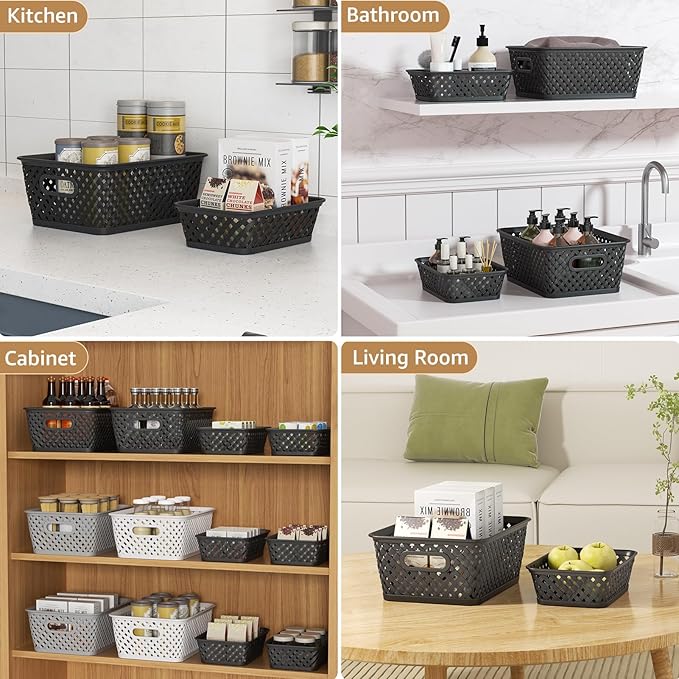 MaxGear Organization and Storage 3 Packs, Plastic Bins Organizer Bins, Woven Baskets for Storage, Plastic Baskets with Handles Black Basket for Organizing, Basket Organizer for Home and Office, Medium