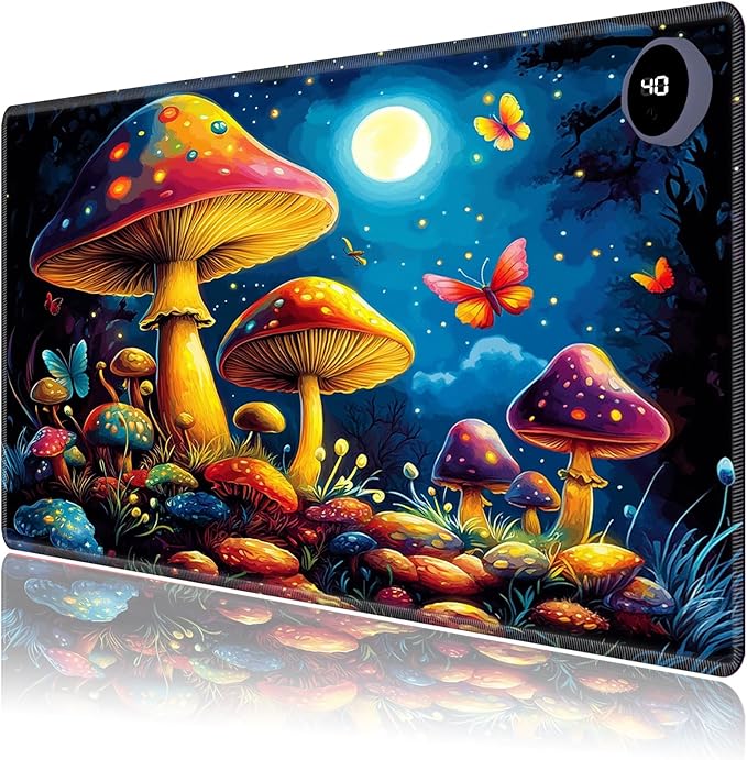 Heated Mouse Pad,Warm Desk Pad with 3 Levels Heating & 3 Hours Auto Shut-Off, PU Leather Heated Desk Pad Warmer Pad for Home Office - 23.6 x 14.2 inch,Beautiful Mushrooms