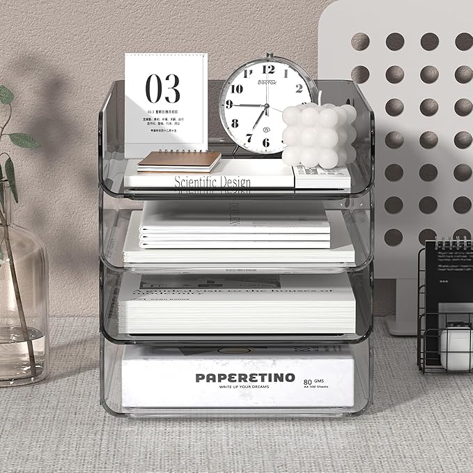 FANXIYQ 4-Tier Acrylic Paper Tray Organizer | Clear Stackable Desk Organizer for Documents, Letters, A4 Paper | Modern Office/Classroom/Home Organization,Clear&Brown