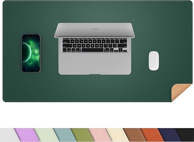 AFIING Cork Desk Mat 23.6 x 13.7, Dual-Sided Cork & PU Leather Desk Pad, Waterproof Non-Slip Desk Protector for Home Office, Study Desk & Minimalist Workspace Dark Green