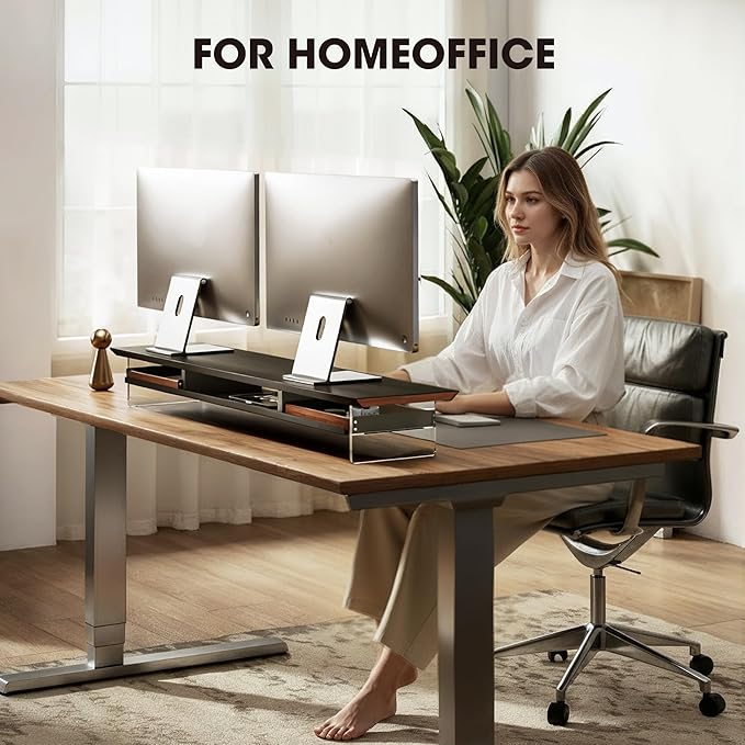 Fenge 42.5” Dual Monitor Stand Riser with 2 Felt-Lined Drawers, Aesthetic Metal and Wood Monitor Shelf with Acrylic Legs, 2-Tier Desk Organizer for 2 Monitors, Laptop, Printer, TV, Black