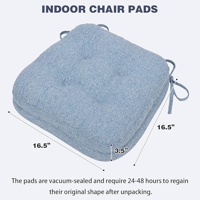 baibu Set of 6 Dining Chair Cushions, Dual-Layer Patent Design Memory Foam Kitchen Chair Cushions, Non-Slip Seat Pads with Ties, 16.5 x 16.5 x 3.5in, 6 Pack, Light Blue