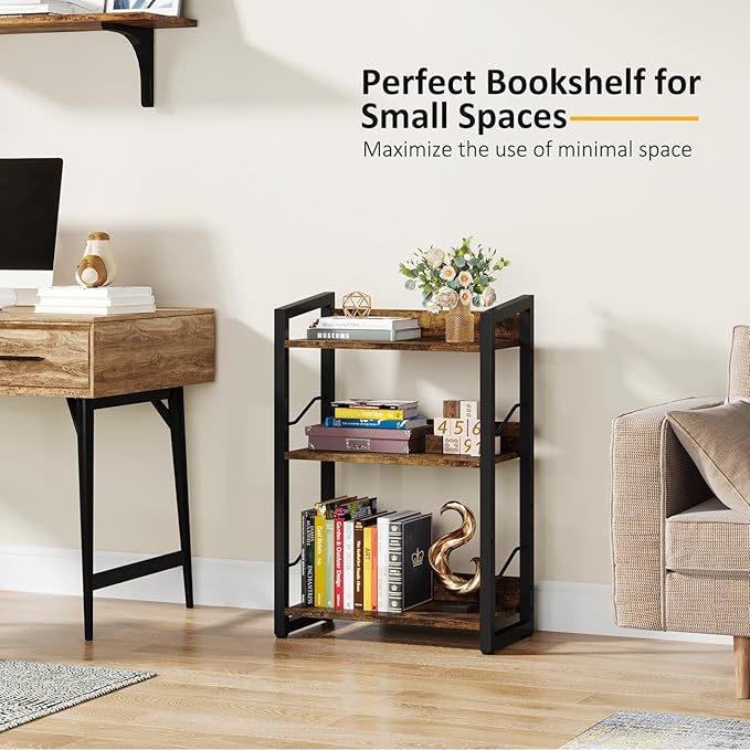 Hosfais Book Shelf Small Bookshelf: 3-Tier Wood Bookcase Industrial Bookshelf with Edge Protection Metal Narrow Bookcase Storage Organizer Display Rack for Bedroom Home Office (Rustic Brown)