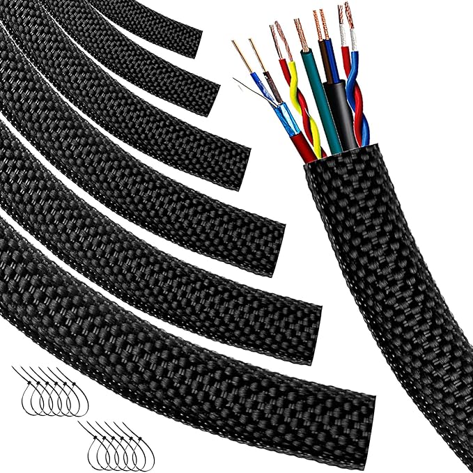 Automotive Wire Loom High Temperature Braided Wire Loom, Split-Sleeve Heat Resistant Wiring Loom Cord Cover for Harness Wires, Self-Wrapping Heavy Duty Sheathing Cable Management Black（16ft-3/4inch ）