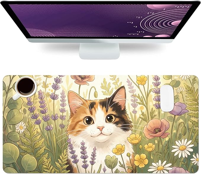Cute Desk Mat, Kawaii Cat Floral Large Mouse Pad for Desktop, PU Leather Waterproof Desk Pad, Anti-Slip Computer PC Laptop Protector Gaming Mouse Pads for Office Home Decorations (31.5" x 15.7")