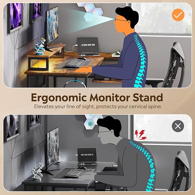 DEVAISE Compact 43" L Shaped Gaming Desk with LED Lights and Power Outlets - Corner Computer Table with Monitor Stand and Storage Shelves for Work and Gaming, Rustic Brown