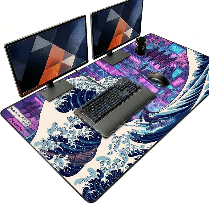 Cyberpunk Extended Mouse Pad 48x24in, Neon City Wave Gaming Desk Mat, Anti-Slip Rubber Base Mousepad for PC Gamers & Streamers