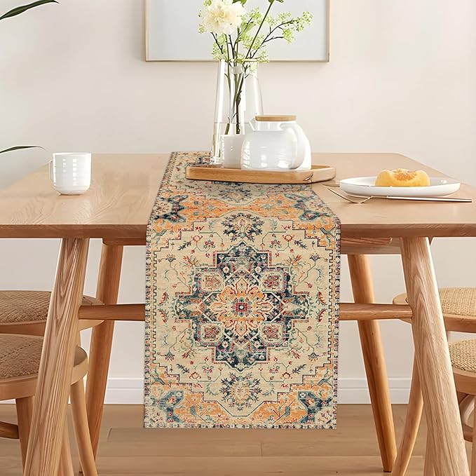 Boho Beige Table Runner,Vintage Elegant Farmhouse Table Center Linen Decor,Country Rustic Farmhouse Magical Fall Kitchen Dining Table Decoration for Home Dining Party Decor 13x108 Inch