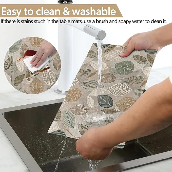 Linen Placemats Set of 6, Boho Green Leaves Washable Table Mats 12x18 Inch, Heat Resistant Non Slip Placemats for Dining Table Kitchen Everyday Use