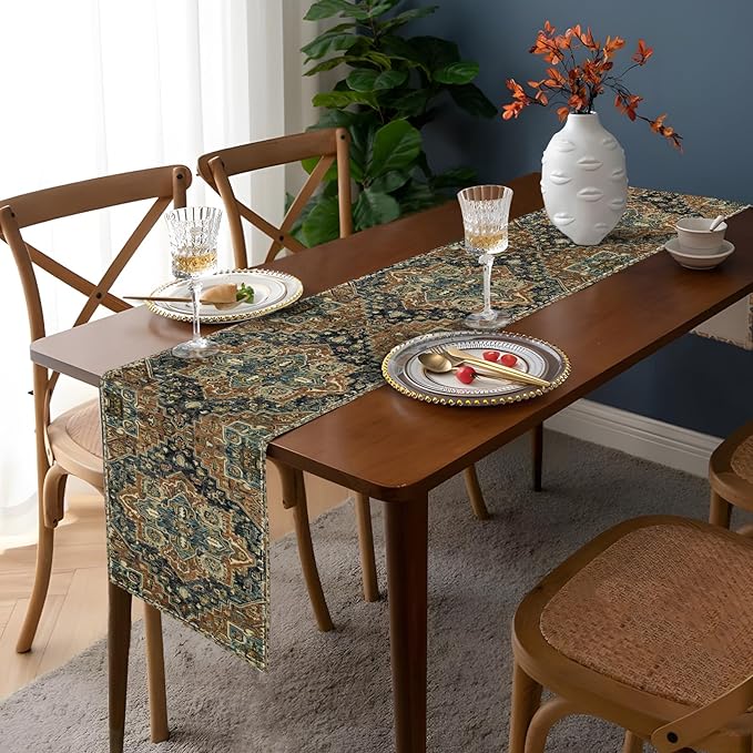 Boho Blue Brown Table Runner,Vintage Elegant Farmhouse Table Center Linen Decor,Country Rustic Farmhouse Magical Fall Kitchen Dining Table Decoration for Home Dining Party Decor 13x108 Inch