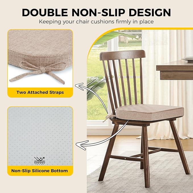 downluxe Indoor Chair Cushions for Dining Chairs,Kitchen Chair Pads with Ties and Non-Slip Backing, 16" x 16" x 2", Oatmeal Beige, 2 Pack
