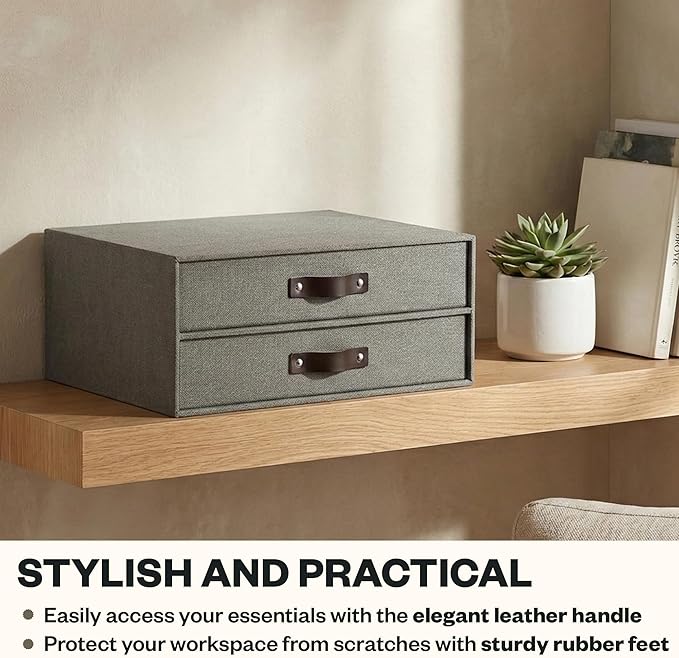 Bigso Birger 2-Drawer Canvas Fiberboard Easy Pull Handle Document Letter Box | Desktop Drawers for Loose Papers and Documents | Desktop Storage Drawers with Leather Handles | 13.1” x 10” x 5.7” | Grey