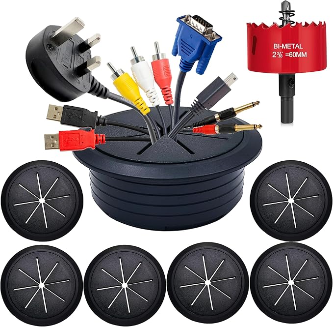 6PCS Desk Grommet,2-3/8""(60mm) Desk Hole Cover for Cables,Wire Hole Cover for Desk with Hole Saw,Office and Home Table,Desktop Equipment Wiring Management and Protection (Black)