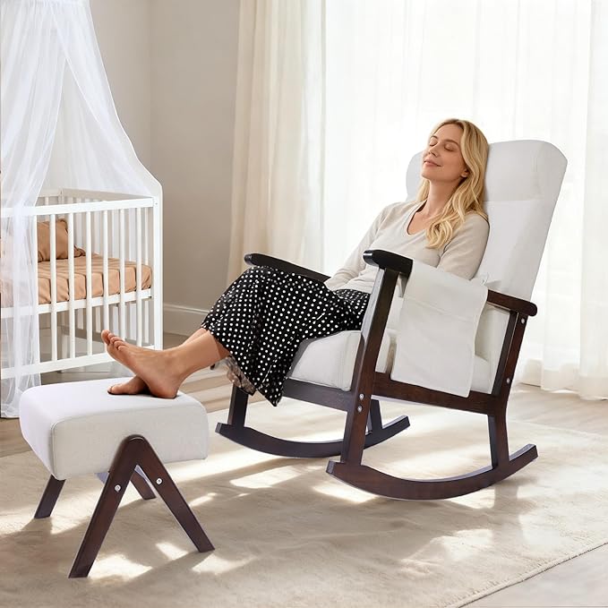 NOBLEMOOD Rocking Chair Indoor with Ottoman, Upholstered Rocking Chair with Lumbar Pillow, Side Pocket, High Back Solid Wood Frame Rocker with Footrest for Living Room
