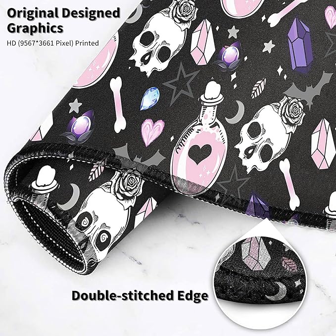 Mouse Pad Large with Coaster, 35.4"x15.7" Skull Goth Magic Cute Witchy Theme Design Full Desk Mousepad Stitched Edges Desk Pad Extended Large Gaming XXL Mouse Pad for Desk Office Home
