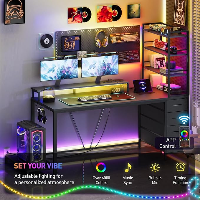 RALGEND Computer Desk with Shelves and Drawers, 43.3 Inch Gaming Desk with Charging Station and LED Lights, Desk Workstation with Monitor Stand and Storage for Home Office, Black