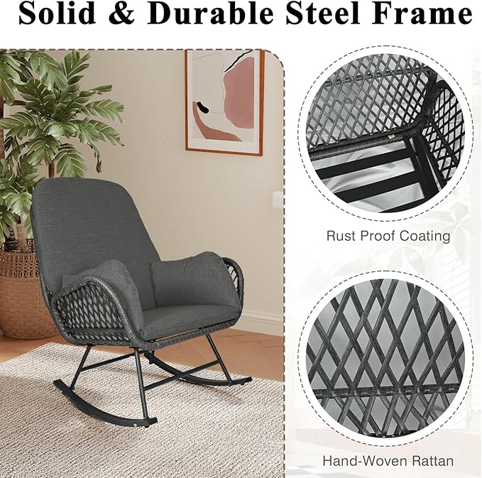 Outdoor Rocking Chair with Ottoman, Patio Glider Rocking Chair with Cushion, Indoor Reading Chair with Foot Rest, Comfy Rattan Lounge Chair with Footstool for Porch, Bedroom, Living Room, Dark Grey