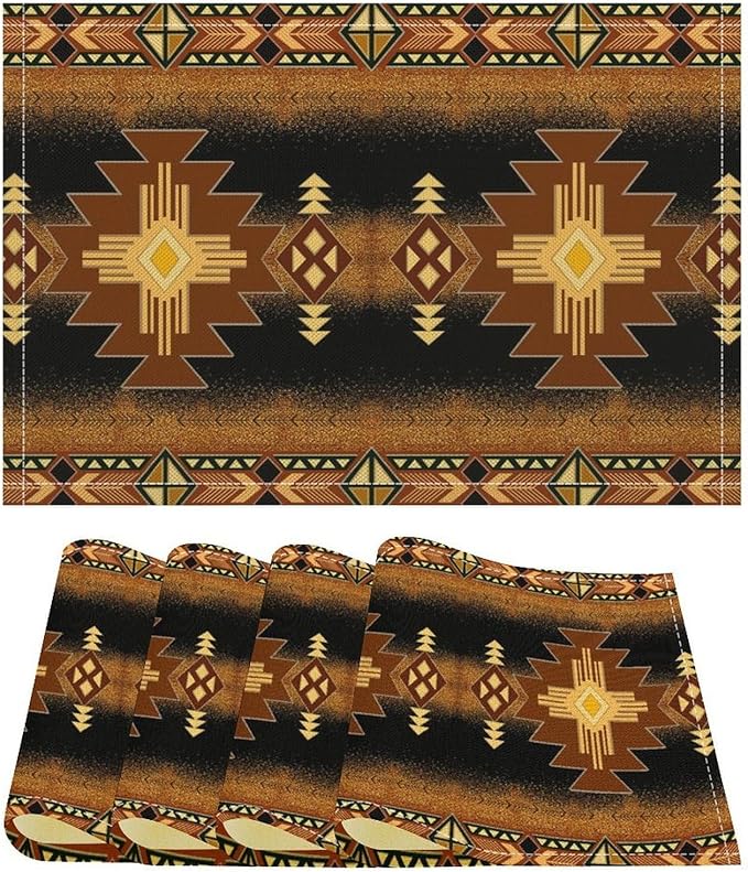 Vintage Aztec Southwest Placemats Ethnic Style Design Boho Geometric Pattern Linen Washable Table Mats Stain Heat-Resistant Desktop Decor Place Mats for Home Kitchen Dining Party 12x18 in 6 Pcs