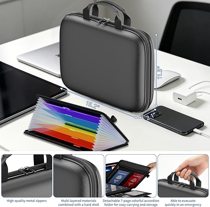Tamfile Fireproof Document Box with Handle, Hard Case File Organizer with 7-Pocket Accordion Colour File Folder, Portable Safe Storage for Home Office Travel to Important Documents, Laptop, Black