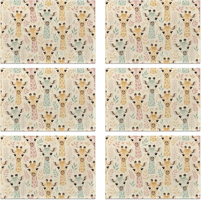 Placemats Set of 6, Animal Cute Giraffe Linen Placemats 12x18 Inch, Heat Resistant Table Mats, Washable Non Slip Place Mats for Dining Table Kitchen Home