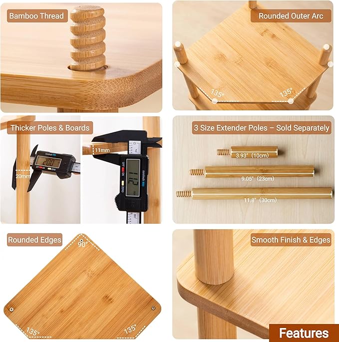 3-Tier Expandable Bamboo Corner Shelf - Dish/Plate Organizer for Cabinet, Kitchen Counter Shelf & Small Kitchen Shelf, Adjustable (Natural, 2-Pc 6.70" H)