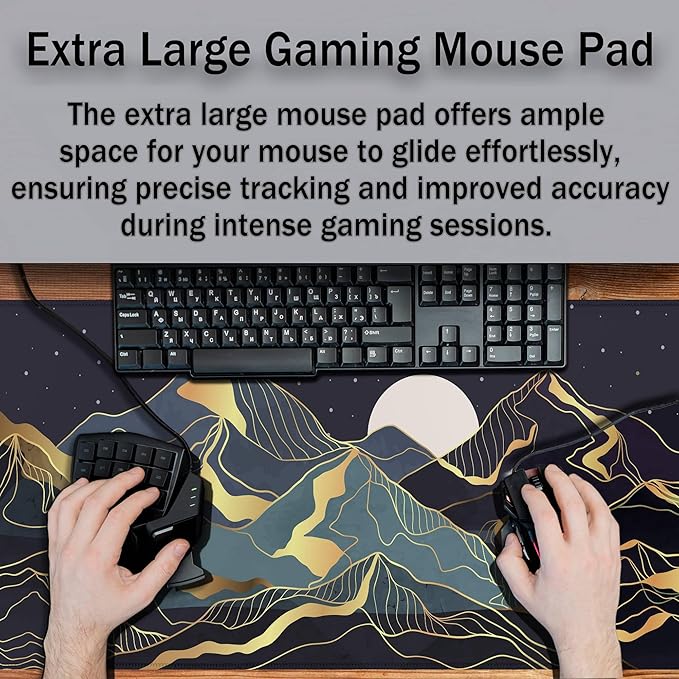 Extra Large Mouse Pad Golden Desktop Pad Keyboard Mouse Pads Desktop Mats Big Gaming Mousepad Waterproof Non-Slip Rubber Base 35.4 X 15.7 for Game Office, Sunset Mountains Art