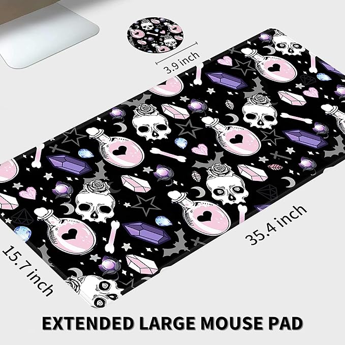 Mouse Pad Large with Coaster, 35.4"x15.7" Skull Goth Magic Cute Witchy Theme Design Full Desk Mousepad Stitched Edges Desk Pad Extended Large Gaming XXL Mouse Pad for Desk Office Home