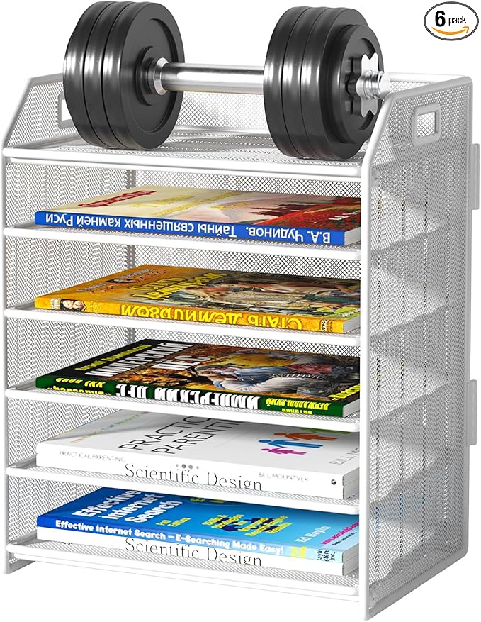 6 Trays Paper Organizer Letter Tray with Pull-Out Drawer, Assembled Mesh Desk File Holder, Metal Paper Sorter for Office Documents, White