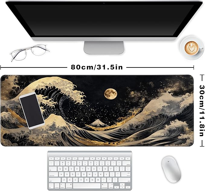 Long Gaming Mouse Pad Extended Anime Large Desk Pad with Non-Slip Base Full Keyboard Mat with Stitched Edges for Gaming and Office 31.5 x 11.8 inches (Sea Full Moon)