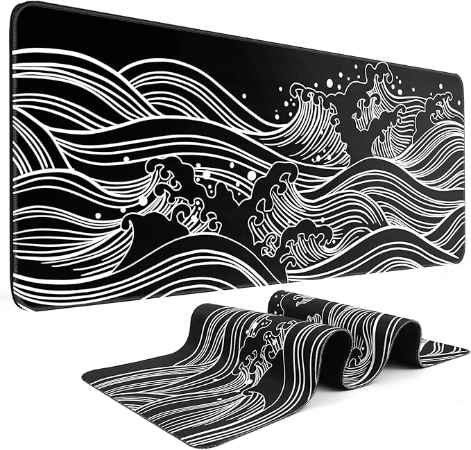 DIGSOM Gaming Mouse Pad - Large 31.5 x 11.8 in Black and White with Stitching Edges, Non-Slip Rubber Base Large Mouse Mat and Keyboard Pad (Sea Wave)