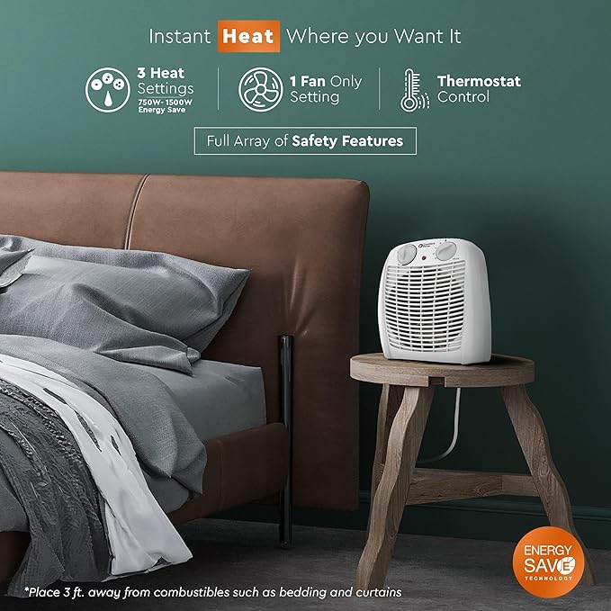 Comfort Zone CZ45E 750/1,500-Watt Fan-Forced Personal Heater with Adjustable Thermostat, Overheat Protection, Safety Tip-Over Switch, Energy Save Features, and Convenient Carry Handle, White