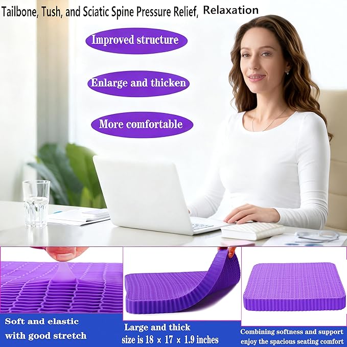 Innovative Gel Seat Cushion for Long Sitting, Soft and Breathable, Seat Cushion for Back, Sciatica, Hip, Tailbone Pain Relief, Used for The Office, Wheelchair, Recliner, Car, Stadium, Kayak.(Púrpura)