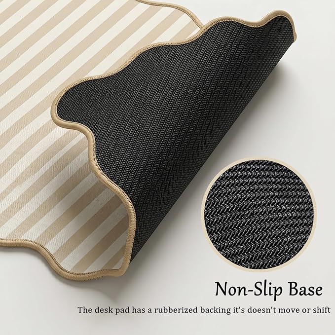 Scalloped Desk Mat Extended Large Cute Striped Mouse Pad Big Desk Pad XXL Aesthetic Stripe Mousepad Gaming Mouse Pad for Keyboard Computer Laptop Home Office Accessories 35.4X15.7Inches Beige
