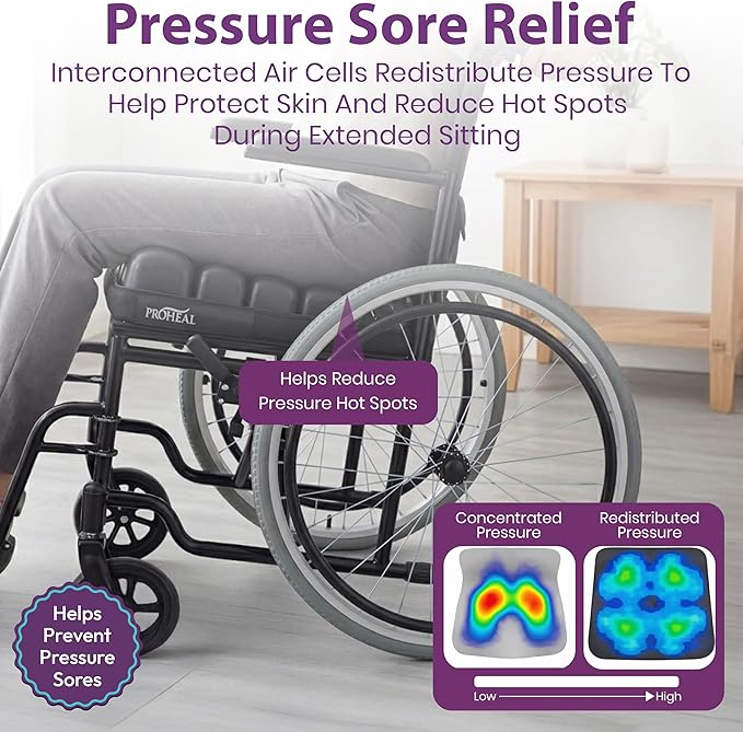 Inflatable Wheelchair Seat Cushion 20 x 16 x 3" - Pressure Sore Relief Air Cushion for Wheel Chair With Interconnected 3" Cells - Breathable Nylon Cover, Includes Pump, Repair Kit - 315lbs Capacity