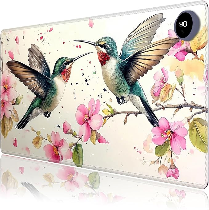 Heated Mouse Pad,Warm Desk Pad with 3 Levels Heating & 3 Hours Auto Shut-Off, PU Leather Heated Desk Pad Warmer Pad for Home Office - 23.6 x 14.2 inch,Watercolor Hummingbird