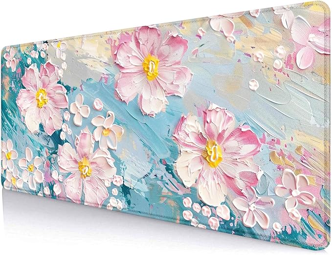 Large Mouse Pad Mousepad, Pink Flowers in a Blue Desk Mats for Desktop, Watercolor Beautiful Floral Laptop Computer Desk Pad, Non-Slip Rubber Base Desktop Mat, 31.5 x 11.8 inches