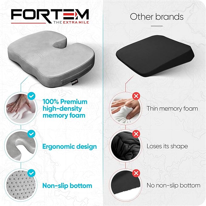 FORTEM Seat Cushion, Office Chair Cushion, Memory Foam Car Seat Cushions, Sciatica Coccyx Tailbone Pain Relief, Chair Cushions for Back Support, Sitting Pad for Gaming, Washable Cover, Non Slip, XL