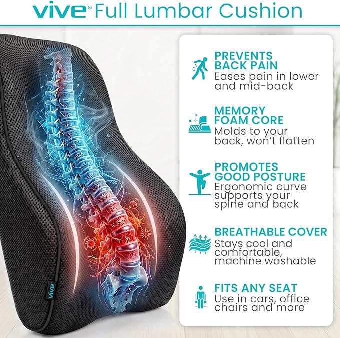 Vive Full Lumbar Cushion - Memory Foam Contour Support for Lower Back Pain - Ergonomic Pressure Relief for Office Chair, Car - Large Mesh Orthopedic Seat Backrest Roll for Improving Posture (Black)