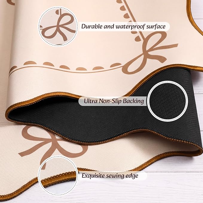 Scalloped Bow Desk Mat Cute Coquette Large Mouse Pad Kawaii Cottagecore ‌Vintage‌ Rustic Keyboard Pad Nonslip 2026 Graduation Gift with Stitching Waterproof Gaming(Light Khaki)