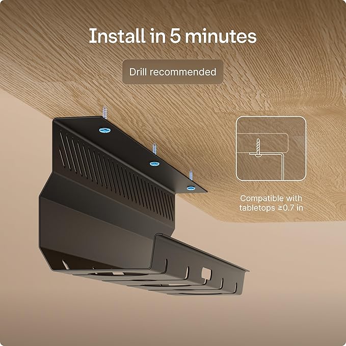 Desktronic Cable Duct Desk Black Set of 2 - Stainless Steel Cable Management Desk Cable Duct with 5 Cable Cut-Outs - Easy to Install Cable Organiser - Cable Holder