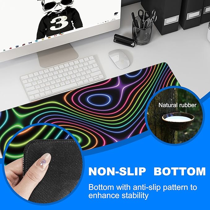 Desk Mat, Colorful Neon Topographic Contour Map Extended Gaming Mouse Pad Large, 31.5"x11.8" Big Mouse Pad with Non-Slip Base and Stitched Edge, Long Computer Keyboard Mouse Mat for Home Office Work