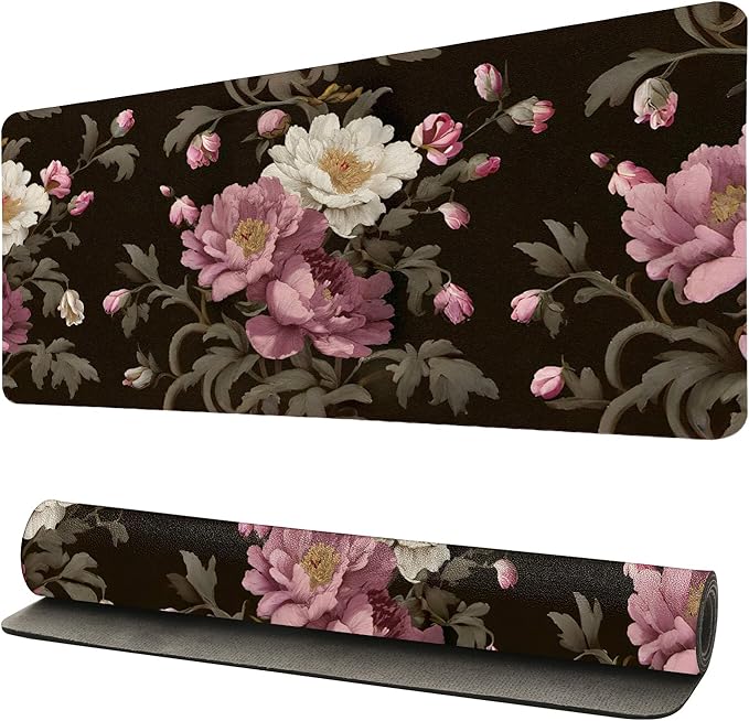 Luxury Peony Blooms Desk Mat, PU Leather Desk Pad with Non-Slip Base - Large Office Keyboard Mat for Women, Ideal Gift for Home & Gaming Setup （27.56 * 13.78in）