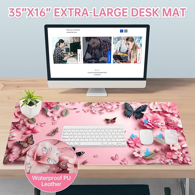 PU Leather Desk Mat Blotter,Cute Pink Desk Mat for Office, Home,School,Keyboard,Mouse,15.7"x31.5" Large Non-Slip Writing Mat with Travel Storage Strap, Waterproof Easy to Clean (Pink Butterfly)