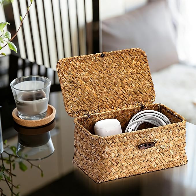 Hipiwe Mini Seagrass Basket with Lid Decorative Shelf Basket Box Multipurpose Desktop Organizer, Caramel 7.0" x 4.3" x 3.3"