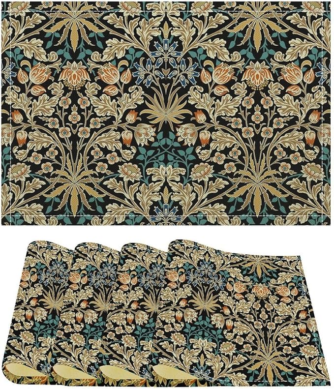 William Morris Floral Placemats Vintage Flower Art Style Boho Chic Retro Floral Linen Washable Table Mats Stain Heat-Resistant Desktop Decor Place Mats for Home Kitchen Dining Party 12x18 in 6 Pcs