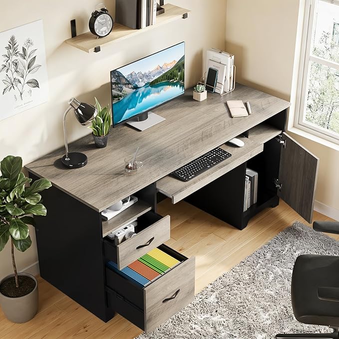 Bestier 59”Executive Desk with 2 Drawers,Computer Desk with Storage Cabinet,Industrial Wood Desk with File Drawer,Keyboard Tray & 2 Pedestals for Home Office & Studio,Gray