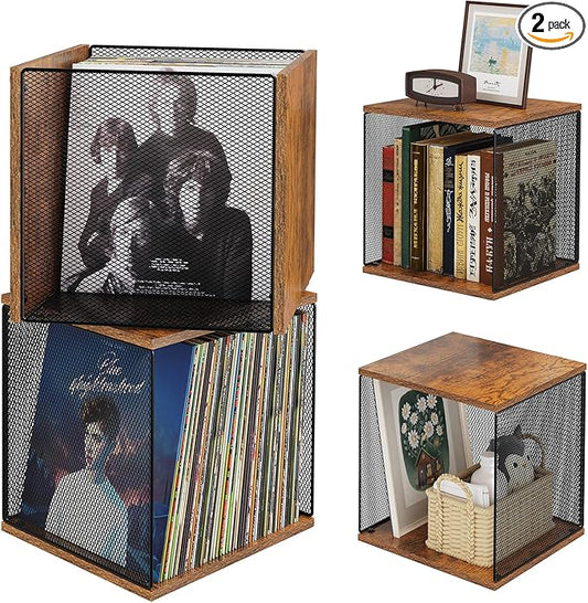 2 Cubes of Record Holder Shelf Storage Furniture - DIY Stackable 80-110 Vinyl Album Visualize Storage Box Cube - Natural Wooden Organizer Crate Cabinet