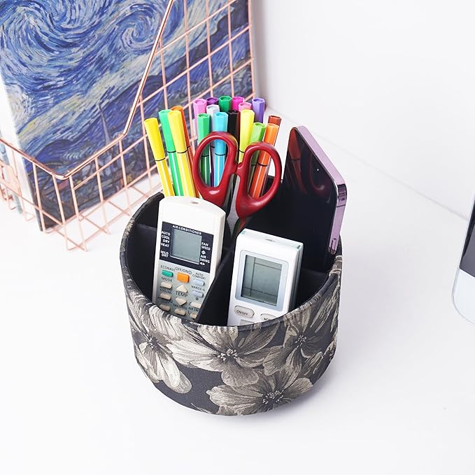 Round Leather Art Supply Organizer,Remote Control Holder,360 Degree Rotating,Multi-Functional Pencil Holder,4 Compartments Desktop Stationary Organizer(1-Dahlia Yellow)