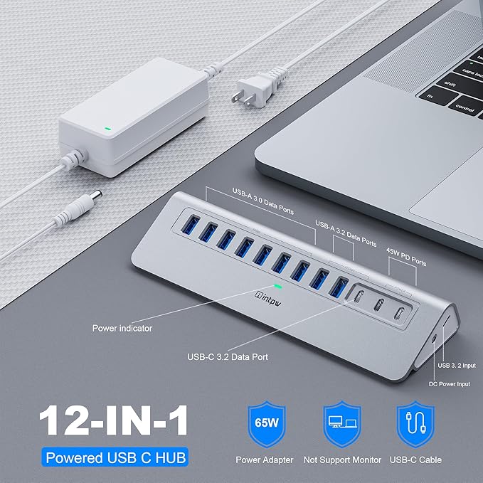 Powered USB Hub 10Gbps, intpw YH9AC 12 Port USB C Hub with 10Gbps USB C 3.2+2 USB A 3.2, 7 USB 3.0, 2 PD 45W Charging Port, 65W Power Adapter + 3.3FT Cable, Aluminum USB Hub for PC/Laptop/iPhone 17/16