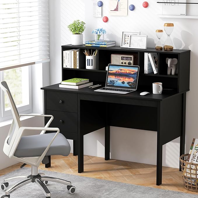Giantex Black Desk with Drawers & Hutch, Home Office Desk with Charging Station, 5 Storage Cubbies, Makeup Vanity Table, Modern Study Writing Desk, PC Laptop Desks, Computer Workstation for Bedroom